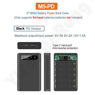 5*18650 akumuliatoriaus maitinimo bloko dėklas Greito įkrovimo USB tipo C „pasidaryk pats“ korpusas, nuimamas nešiojamas dizaino plokščia galvutė