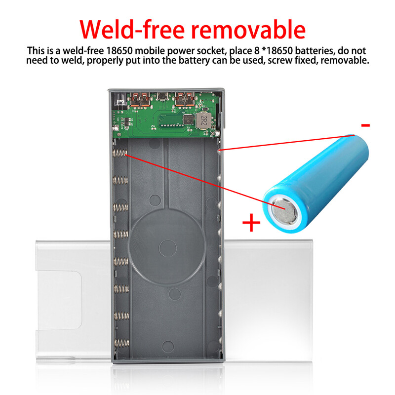 8x18650 22,5 W kućište za baterije s brzim punjenjem, odvojivo mobilno napajanje, bez lemljenja, školjke prijenosnih vanjskih kutija