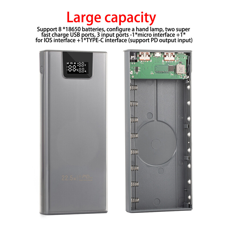 8x18650 22,5 W kućište za baterije s brzim punjenjem, odvojivo mobilno napajanje, bez lemljenja, školjke prijenosnih vanjskih kutija
