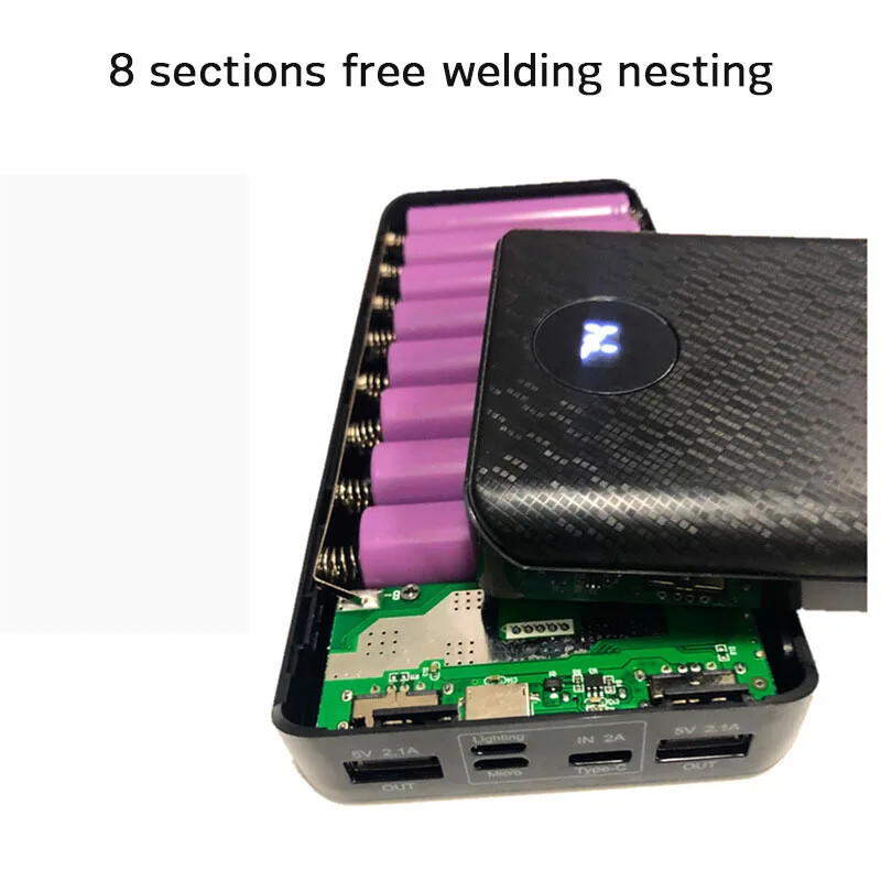 8x18650 skaitmeninis ekranas Power Bank Battery Box Nešiojamas „pasidaryk pats“ rinkinys mobiliojo akumuliatoriaus įkroviklio dėžutė mobiliojo telefono įkroviklio korpusas, skirtas „iPhone“