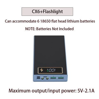 6* 18650 Power Bank dėklas, belaidis greito įkrovimo PD CX6, skirtas išmaniojo telefono įkrovimui žibintuvėlis, dvigubas USB „pasidaryk pats“ baterijų laikymo dėžutės