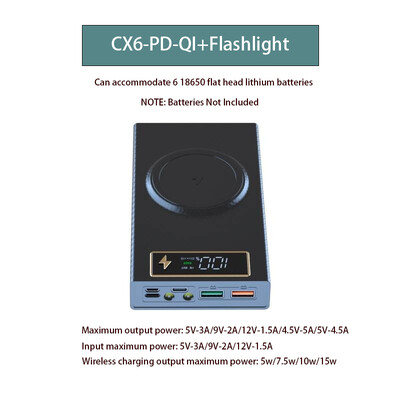 6* 18650 Power Bank dėklas, belaidis greito įkrovimo PD CX6, skirtas išmaniojo telefono įkrovimui žibintuvėlis, dvigubas USB „pasidaryk pats“ baterijų laikymo dėžutės