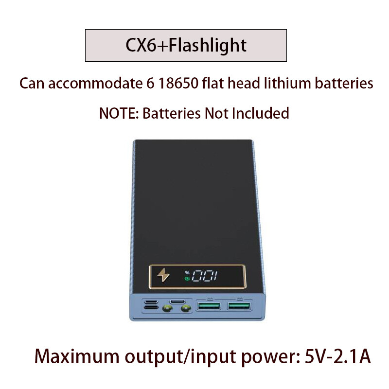 6* 18650 Power Bank dėklas, belaidis greito įkrovimo PD CX6, skirtas išmaniojo telefono įkrovimui žibintuvėlis, dvigubas USB „pasidaryk pats“ baterijų laikymo dėžutės