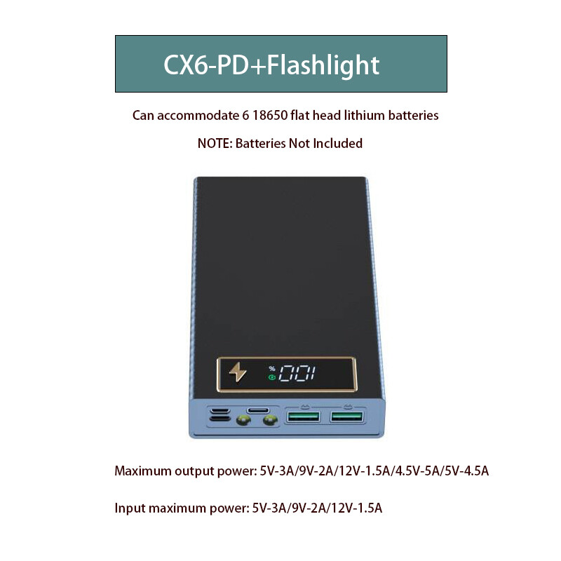 6* 18650 Power Bank dėklas, belaidis greito įkrovimo PD CX6, skirtas išmaniojo telefono įkrovimui žibintuvėlis, dvigubas USB „pasidaryk pats“ baterijų laikymo dėžutės