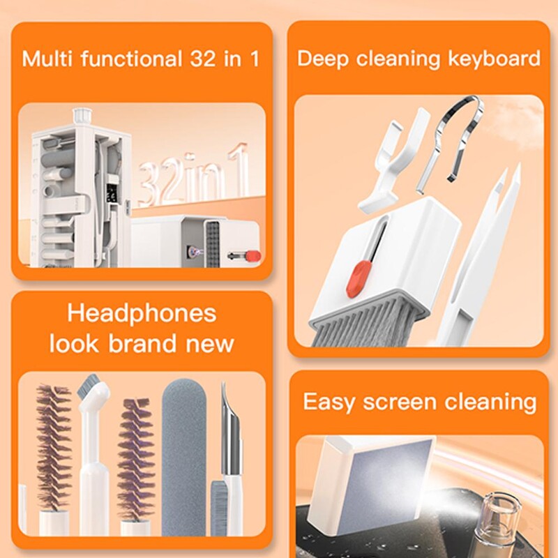 32-ühes arvutiklaviatuuri puhastusharja komplekt Multifunktsionaalne telefon Sülearvuti kõrvaklappide puhastusvahendid Puhastusvahendi klahvikorgi tõmmitsa komplekt