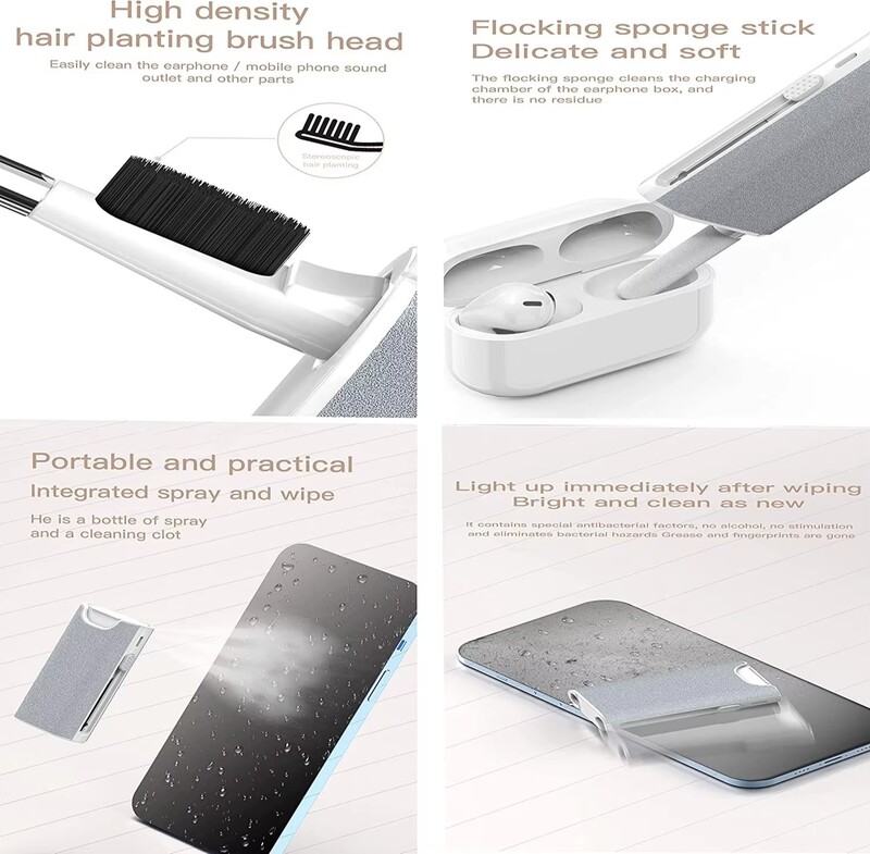 Viis-ühes puhastuskomplekt Sülearvuti ekraanipuhastuskomplekt Multifunktsionaalne juhtmevabade kõrvaklappide puhastustööriist Lphone laadimispordi jaoks