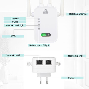 1200Mbps ασύρματος επαναλήπτης WiFi 2.4G/5G Ενισχυτής Επέκτασης Σήματος Διπλής ζώνης WiFi 5 Ενισχυτής Δίκτυο Σήματος μεγάλης εμβέλειας Δρομολογητής WiFi