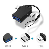 Dva u jednom OTG adapter, USB 3.0 ženski na mikro USB muški i USB C muški konektor, aluminijska legura u pokretu, pretvarač flash diska