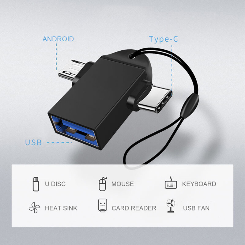 Dva u jednom OTG adapter, USB 3.0 ženski na mikro USB muški i USB C muški konektor, aluminijska legura u pokretu, pretvarač flash diska