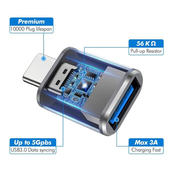 2 ΤΕΜ USB 3.0 To Type C OTG Προσαρμογέας φορτιστή Υποδοχή Type-C σε USB Αρσενικό σε Type-c Μετατροπέας προσαρμογής για υπολογιστή MacBook Car USB ipad