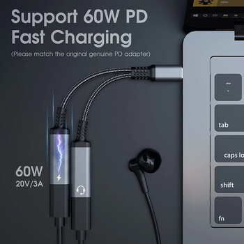 Καλώδιο γρήγορης φόρτισης PD 60W 2 σε 1 USB C Splitter Τύπος USB C Ακουστικά Βύσμα προσαρμογέα ήχου για Samsung S23 S22 S21 Ultra iPhone15