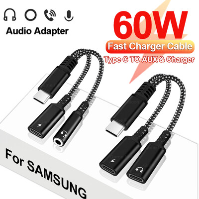 60 W-os PD gyorstöltő kábel 2 az 1-ben USB C osztó típusú USB C fejhallgató jack hangadapter Samsung S23 S22 S21 Ultra iPhone15 készülékhez