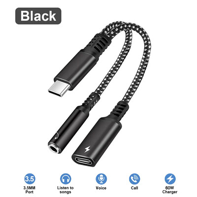 60W PD кабел за бързо зарядно устройство 2 в 1 USB C сплитер Тип USB C жак за слушалки Аудио адаптер за Samsung S23 S22 S21 Ultra iPhone15