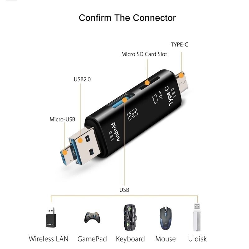 5 viename daugiafunkcis USB 2.0 tipo C/Usb/Micro USB /TF/SD atminties kortelių skaitytuvas OTG USB skaitytuvo kortelės adapteris Mobiliojo telefono priedai