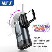 AUFU 240W USB Tip C na USB C Adapter Kabel za brzo punjenje od 180 stupnjeva, Adapter Tip C muško-ženski pretvarač za Macbook Samsung