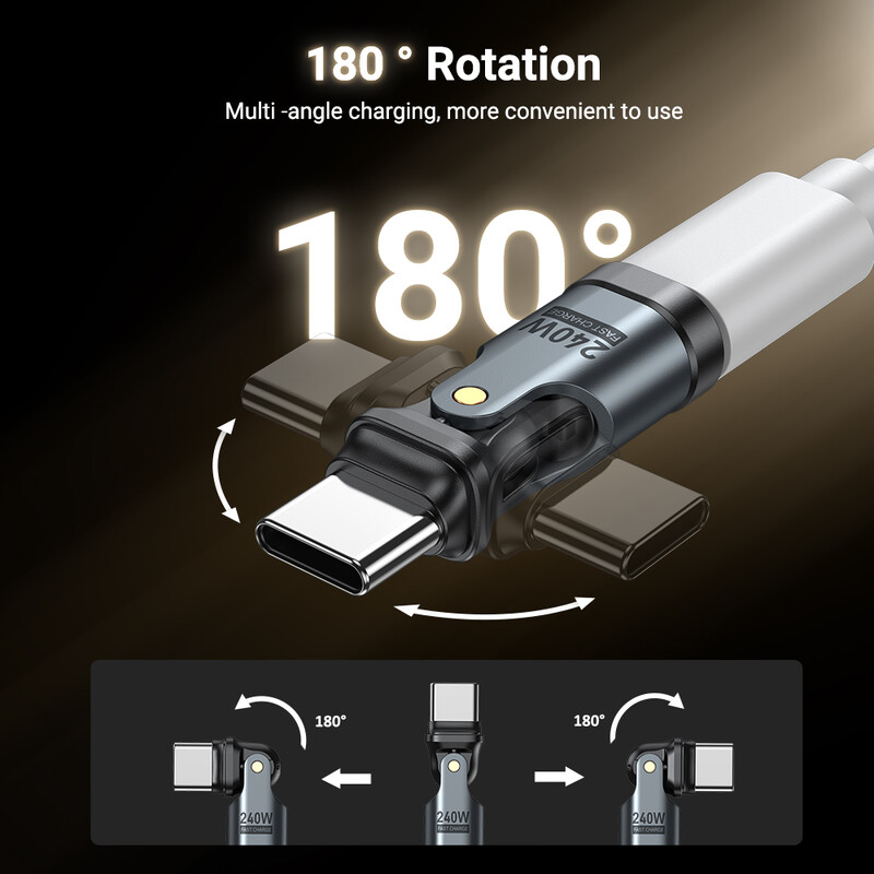 AUFU 240W USB Tip C na USB C Adapter Kabel za brzo punjenje od 180 stupnjeva, Adapter Tip C muško-ženski pretvarač za Macbook Samsung