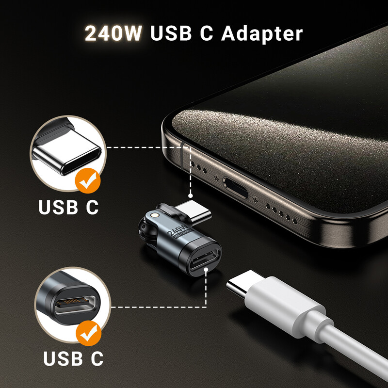 AUFU 240W USB Tip C na USB C Adapter Kabel za brzo punjenje od 180 stupnjeva, Adapter Tip C muško-ženski pretvarač za Macbook Samsung