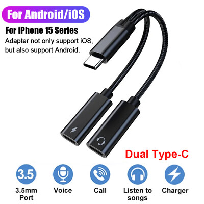 USB tip C razdjelnik za iPhone 15 USB C na tip C adapter za slušalice PD 60W brzo punjenje AUX audio kabel za Samsung S23 Ultra