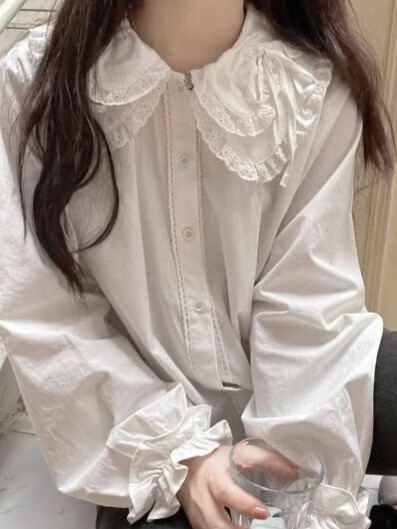 Сладка вътрешна риза, есенна долна риза с дълги ръкави и меко момиче, сладка дантелена яка за кукли