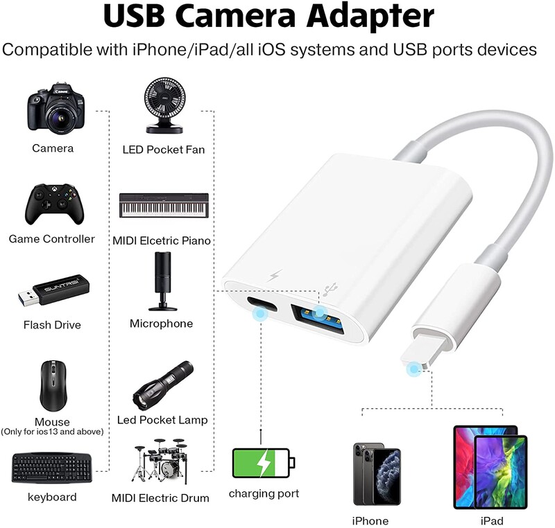 USB OTG-adapter USB-kaamera adapter, mis ühildub IPhone'i iPadi USB-muunduriga koos laadimispordiga Plug and Play kaardilugeja jaoks