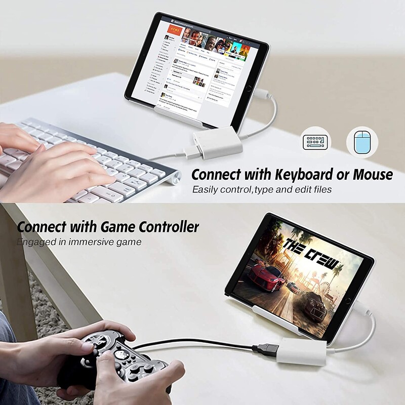 USB OTG-adapter USB-kaamera adapter, mis ühildub IPhone'i iPadi USB-muunduriga koos laadimispordiga Plug and Play kaardilugeja jaoks