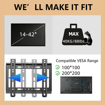 Στήριγμα τοίχου τηλεόρασης Στήριγμα χαμηλού προφίλ σταθερό για τηλεοράσεις και οθόνες επίπεδης οθόνης 14-42 ιντσών Βάση οθόνης καθολικής τηλεόρασης Max VESA 200x200mm