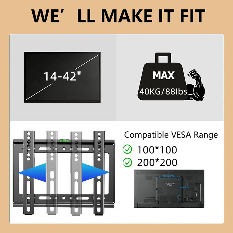 Madala profiiliga teleri seinakinnitusklamber, fikseeritud 14-42-tolliste lameekraantelerite ja monitoride jaoks Universaalne teleri monitori kinnitus Max VESA 200x200 mm