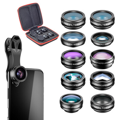 APEXEL Komplet leća za telefon univerzalni 10 u 1 Fisheye širokokutni makro objektiv CPL filter Kaleidoskop + 2X teleskopski objektiv za pametni telefon