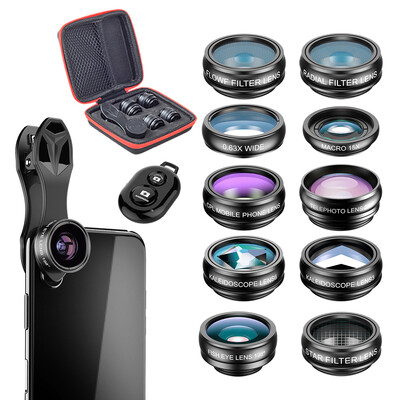 APEXEL Komplet leća za telefon univerzalni 10 u 1 Fisheye širokokutni makro objektiv CPL filter Kaleidoskop + 2X teleskopski objektiv za pametni telefon
