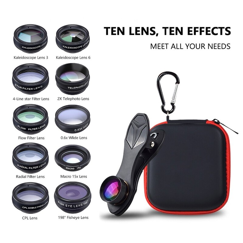 APEXEL Komplet leća za telefon univerzalni 10 u 1 Fisheye širokokutni makro objektiv CPL filter Kaleidoskop + 2X teleskopski objektiv za pametni telefon