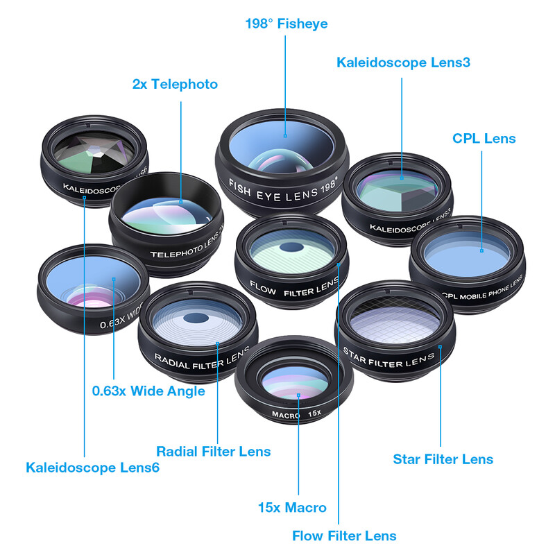 APEXEL Komplet leća za telefon univerzalni 10 u 1 Fisheye širokokutni makro objektiv CPL filter Kaleidoskop + 2X teleskopski objektiv za pametni telefon