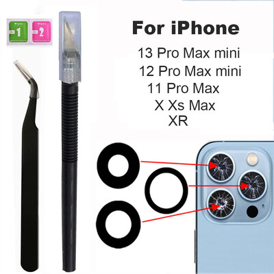 1 Hátsó kameralencse üveg iPhone X XR Xs 11 12 13mini Pro Max hátsó kamerához 3 m-es ragasztóval és szerszámok eltávolítása Alkatrészek javítása