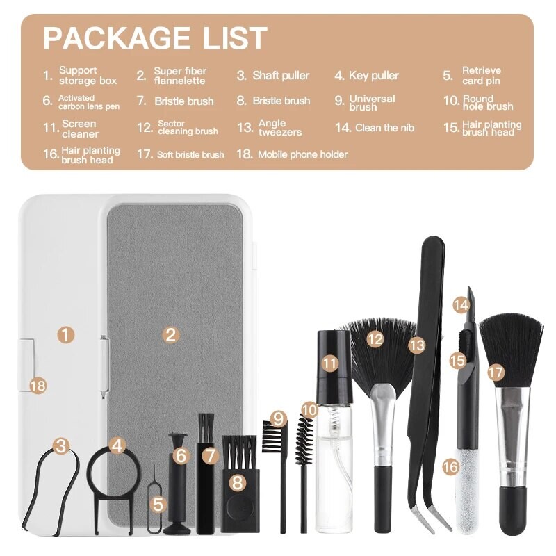 18 in 1 Kompiuterio klaviatūros valymo rinkinys Telefono planšetės fotoaparato ekrano valymo įrankiai Ausinių valymo šepetėlis Klaviatūros dangtelio ištraukiamas telefono laikiklis