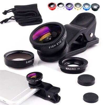 Широкоъгълен обектив за микрокамера 3in1 Fisheye за iPhone Xiaomi Redmi 3in1 Zoom Fish Eye Lens на обективи на смартфон с щипка за телефон