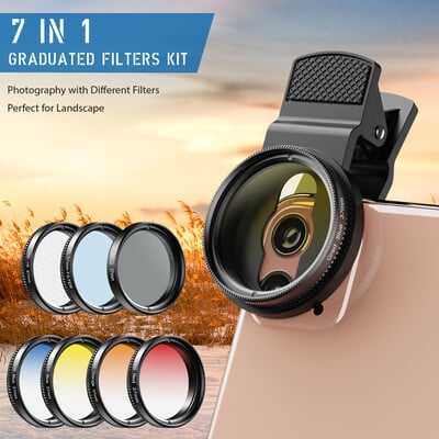 APEXEL 7 В 1 комплект обективи за телефон за камера 37 mm Graduate Red Blue Yellow Filters+CPL ND/Star Filters за iPhone, Samsung, всички смартфони