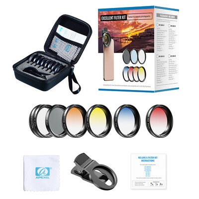 APEXEL 7 IN 1 fotoaparato telefono objektyvo rinkinys 37 mm graduate raudonai mėlyni geltoni filtrai + CPL ND/Star filtrai, skirti iPhone Samsung visiems išmaniesiems telefonams