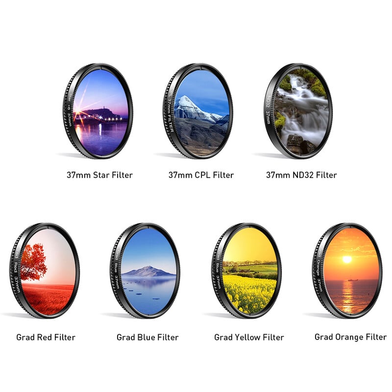 APEXEL 7 IN 1 fotoaparato telefono objektyvo rinkinys 37 mm graduate raudonai mėlyni geltoni filtrai + CPL ND/Star filtrai, skirti iPhone Samsung visiems išmaniesiems telefonams