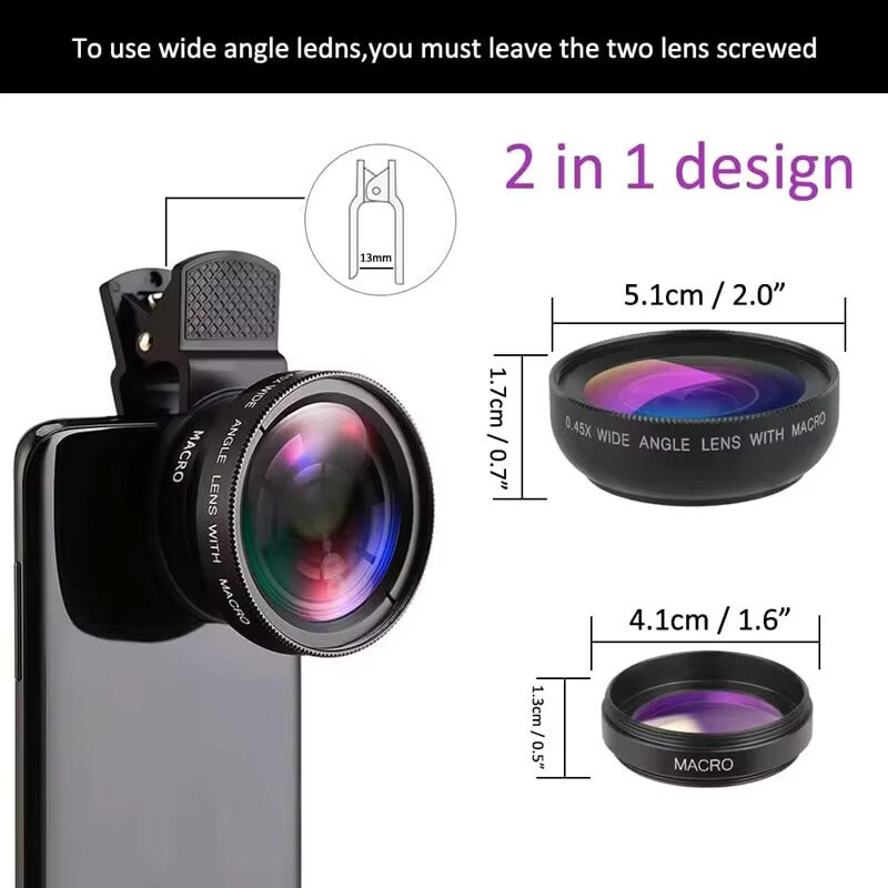 37 mm universalus mobiliojo telefono objektyvo rinkinys, 0,45 x itin plataus kampo ir 12,5 x ultra makro objektyvo HD kameros objektyvas, skirtas „iPhone“ ir „Xiaomi“