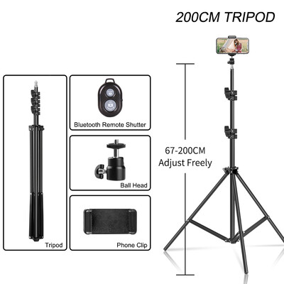 200 cm-es fényképezőállvány lámpaállványok 1/4 csavaros fejjel állítható fényállvánnyal Fotóállvány telefongyűrűs fényű fotóstúdióhoz