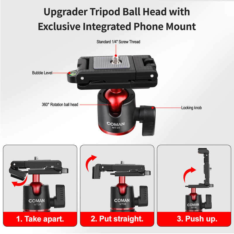 COMAN MT-35 Fleksibilni stativ za kameru, skriveni nosač za stativ za telefon s hladnim stativom za pametni telefon DSLR stativ za iPhone 15 Pro Max Samsung