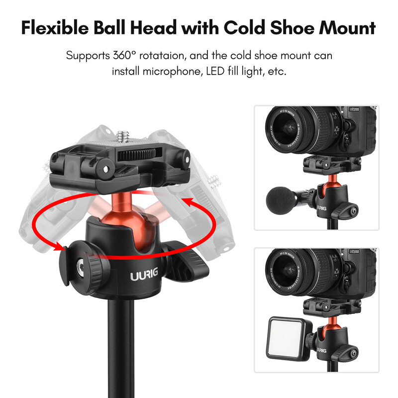 UURIG Selfie Stick trikojo stovas su lanksčiu kamuoliuku, maks. 130 cm aukščio, 1/4 `` Varžtinė jungtis išmaniojo telefono fotoaparatui Vlog Live