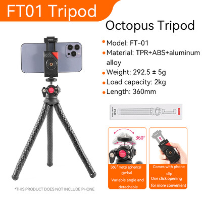 Ulanzi FT-01 Trepied flexibil pentru smartphone-uri Trepied caracatiță cu 1/4 șurub montare pe telefon Trepied mobil pentru vlogging Trepied de călătorie