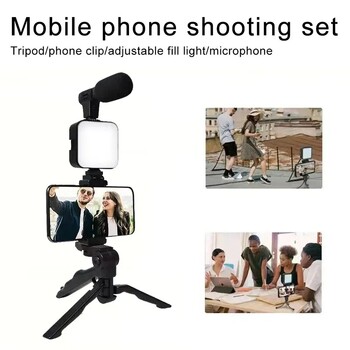 Roreta Smartphone Vlogging Kit Τρίποδος βάσης τηλεφώνου Μίνι μικροφώνου LED Fill Light Starter για TikTok Ζωντανή ροή βίντεο YouTube