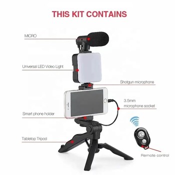 Roreta Smartphone Vlogging Kit Τρίποδος βάσης τηλεφώνου Μίνι μικροφώνου LED Fill Light Starter για TikTok Ζωντανή ροή βίντεο YouTube