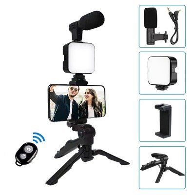 Kit de vlogging pentru smartphone cu suport pentru telefon cu trepied Mini microfon LED Start Light de umplere pentru TikTok Live Stream Video YouTube