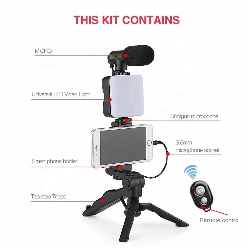 Kit de vlogging pentru smartphone cu suport pentru telefon cu trepied Mini microfon LED Start Light de umplere pentru TikTok Live Stream Video YouTube
