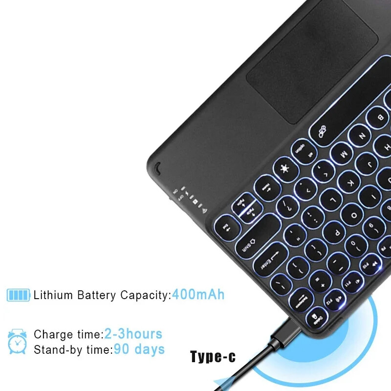 Rusų/Ispanų/Portugalų/Hebrajų Miela apvali kepurė su apšvietimu Bluetooth klaviatūra su jutikline kilimėle, skirta iPad planšetiniam nešiojamajam kompiuteriui IOS Android