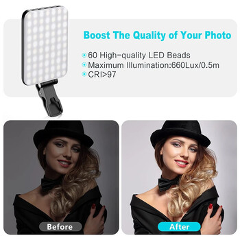 60 LED High Power Rechargeable Clip Fill Video Light με μπροστινό και πίσω κλιπ, προσαρμοσμένες 3 λειτουργίες φωτισμού για iPhone για selfie μακιγιάζ