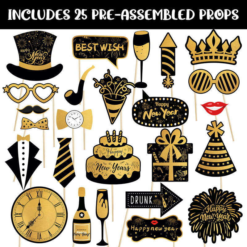 Tarpvalstybinė Naujųjų metų puošmena 2025 m. vaikams ir suaugusiems juodo aukso nuotraukų rėmeliai, popieriniai rankų darbo nuotraukų rekvizitai, vakarėlių reikmenys