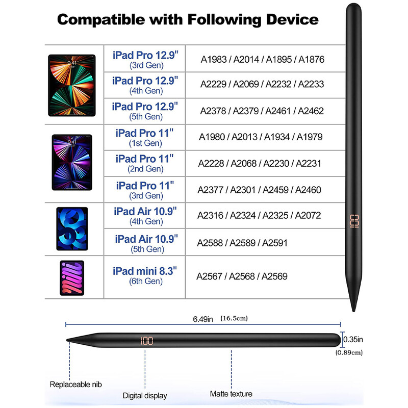 [Bežično punjenje][LED Power Display] Stylus olovka za iPad s odbijanjem dlana, kut nagiba za Apple iPad, magnetska adsorpcija